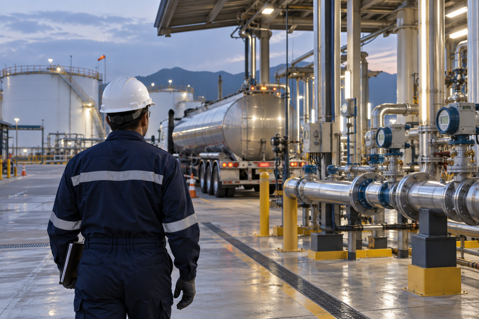 Operador con equipo de protección inspeccionando una terminal de carga